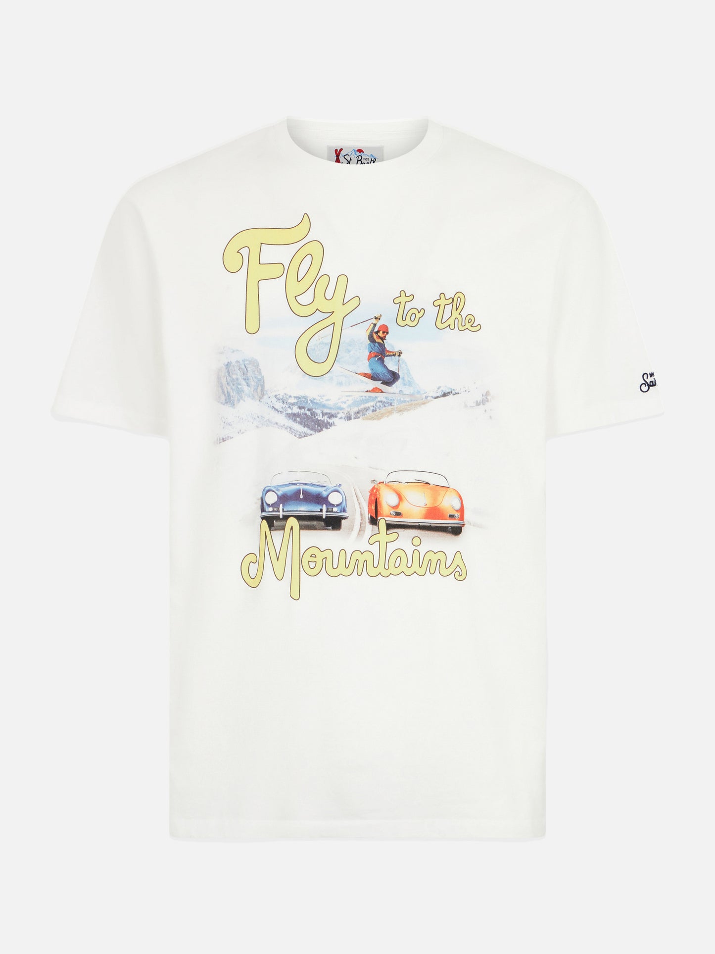 T-shirt da uomo in cotone pesante con stampa montagne e automobili
