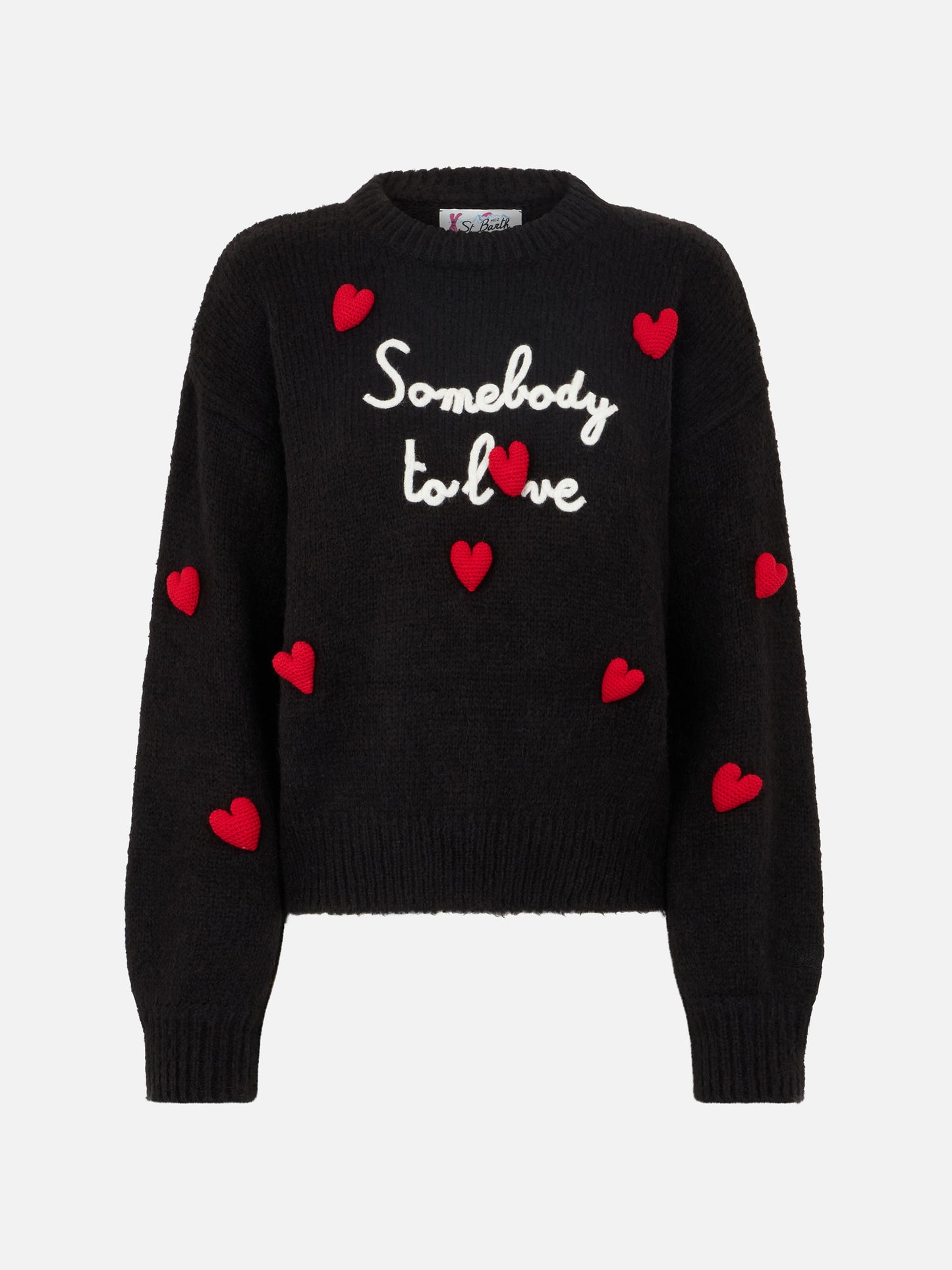Woman boxy shape soft sweater with Somebody to Love embroidery and crochet hearts patch - MC2 Saint Barth