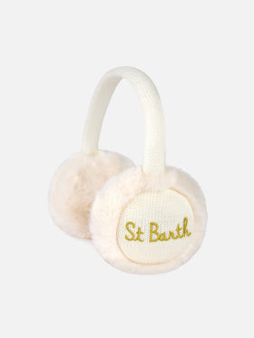 Woman white tricot earmuffs with furry details - MC2 Saint Barth