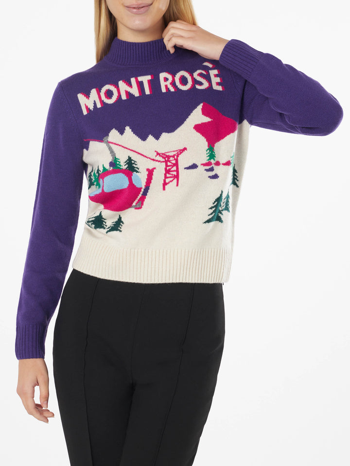 Woman crewneck sweater New Queen with Mont Rosè postcard jacquard - MC2 Saint Barth