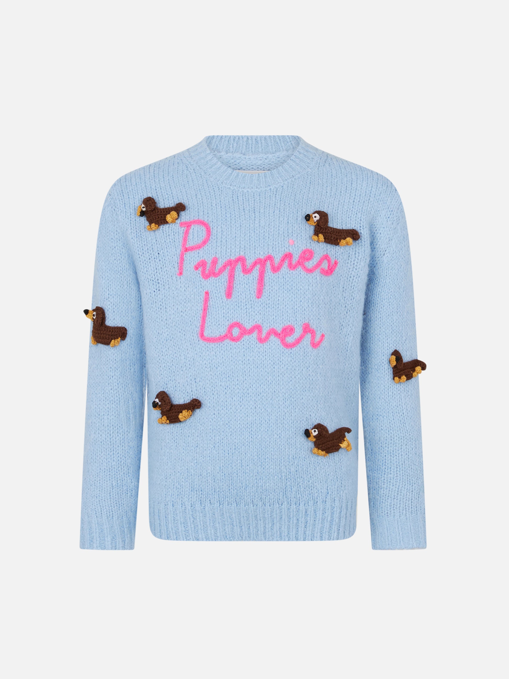 Girl crewneck soft sweater with dogs crochet patch and Puppies Lover embroidery - MC2 Saint Barth