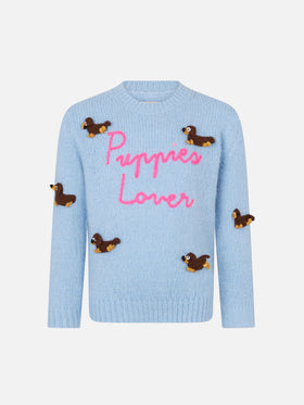 Girl crewneck soft sweater with dogs crochet patch and Puppies Lover embroidery - MC2 Saint Barth