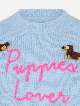 Girl crewneck soft sweater with dogs crochet patch and Puppies Lover embroidery - MC2 Saint Barth