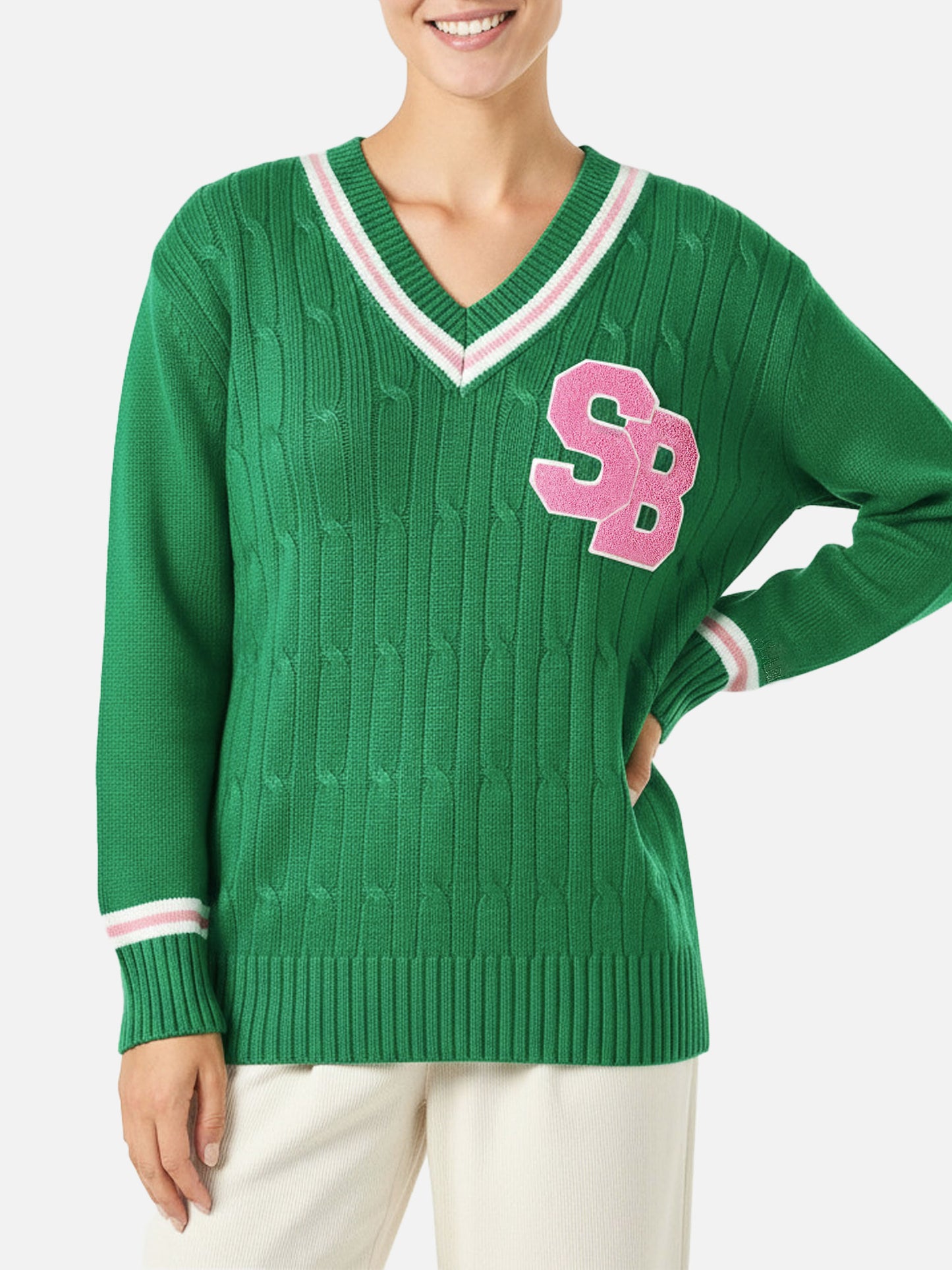 Maglione da donna scollo a v intrecciato con patch