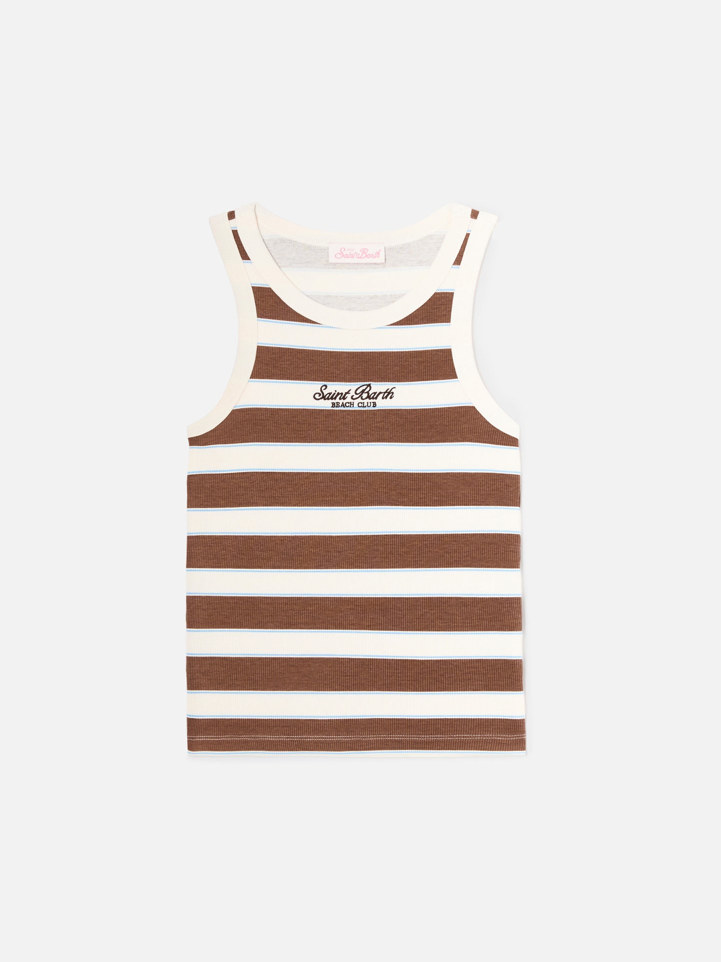 Brown striped Ada tank top with beach club embroidery
