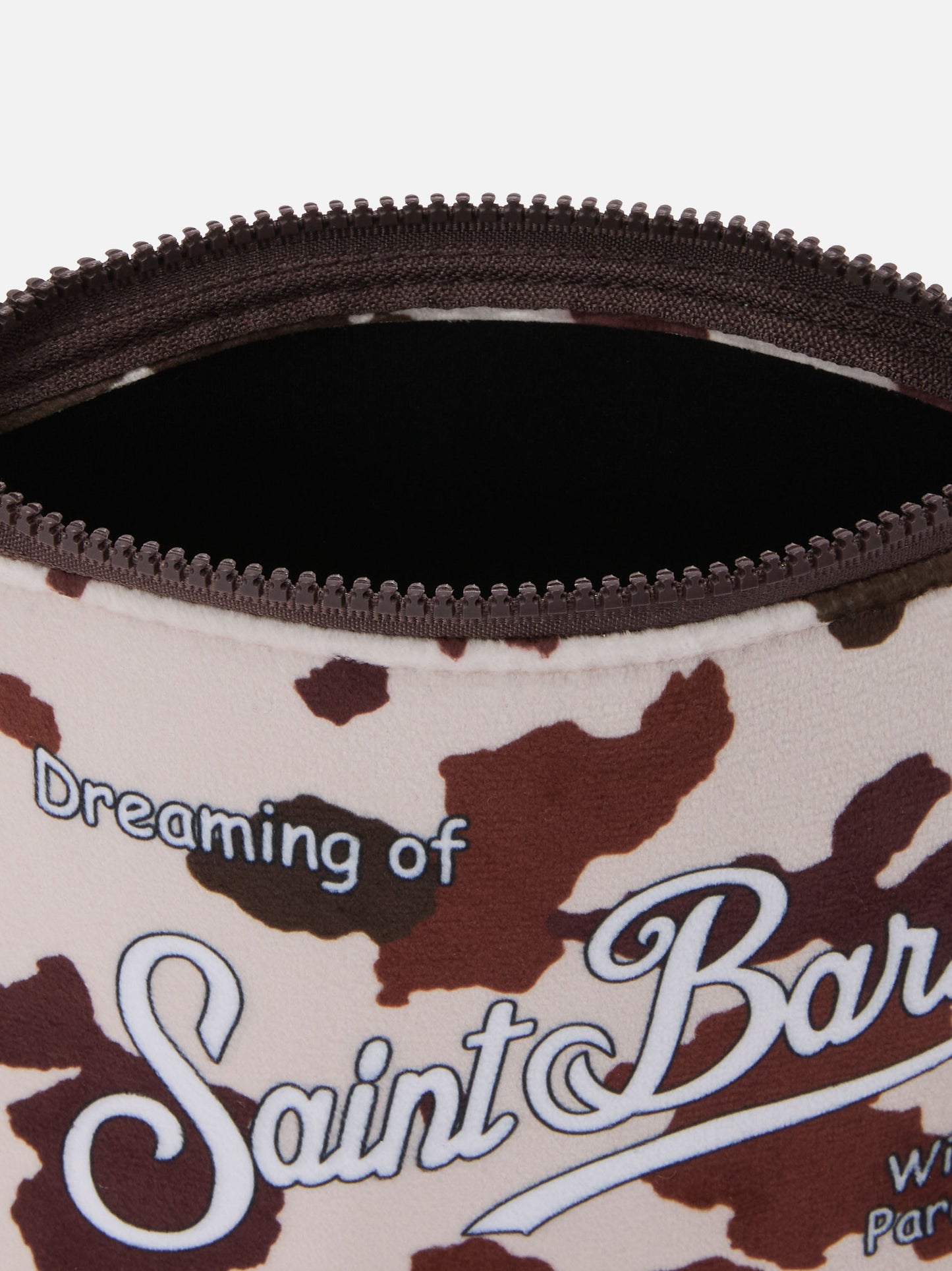 Aline-Beutel aus Stoff in Wolloptik mit Kuhmuster