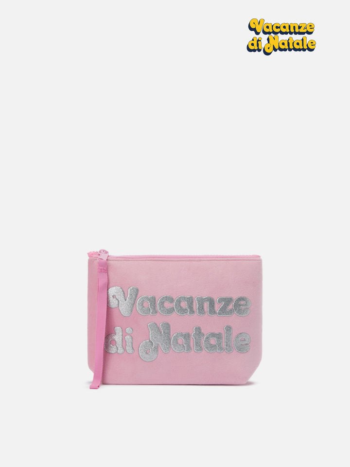 Aline Pouch in pink wool-effect fabric with Christmas Vacation print | VACANZE DI NATALE SPECIAL EDITION