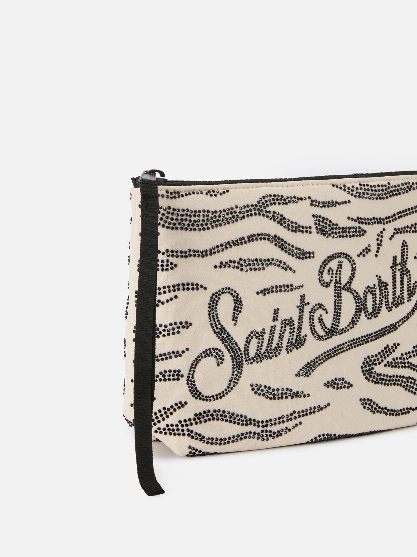 Aline scuba pouch with zebra print and applied rhinestones
