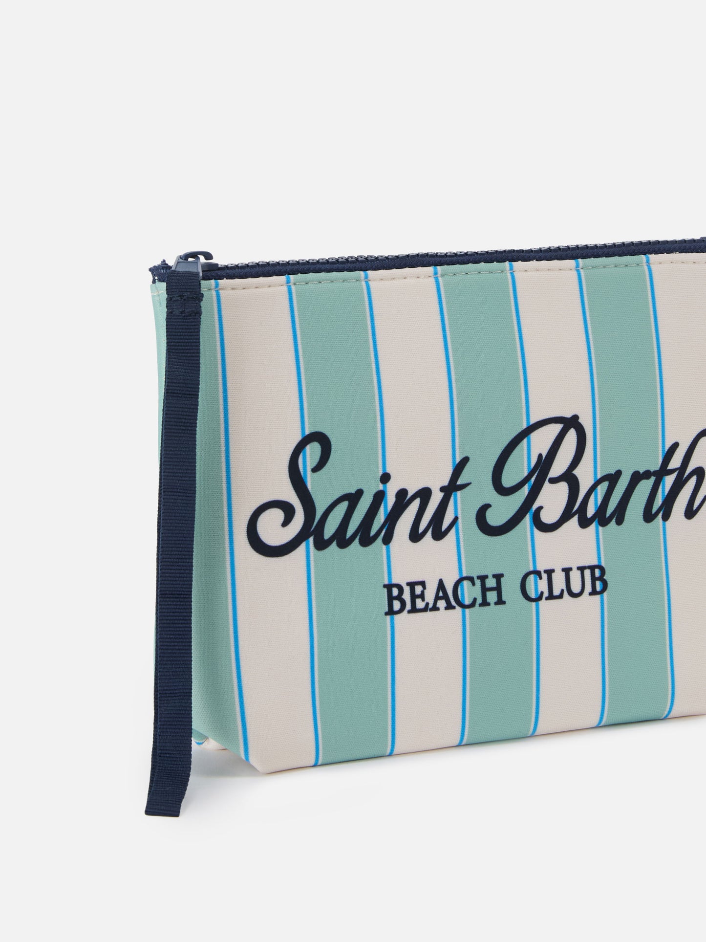 Aline scuba pouch with mint green stripes and Beach Club logo