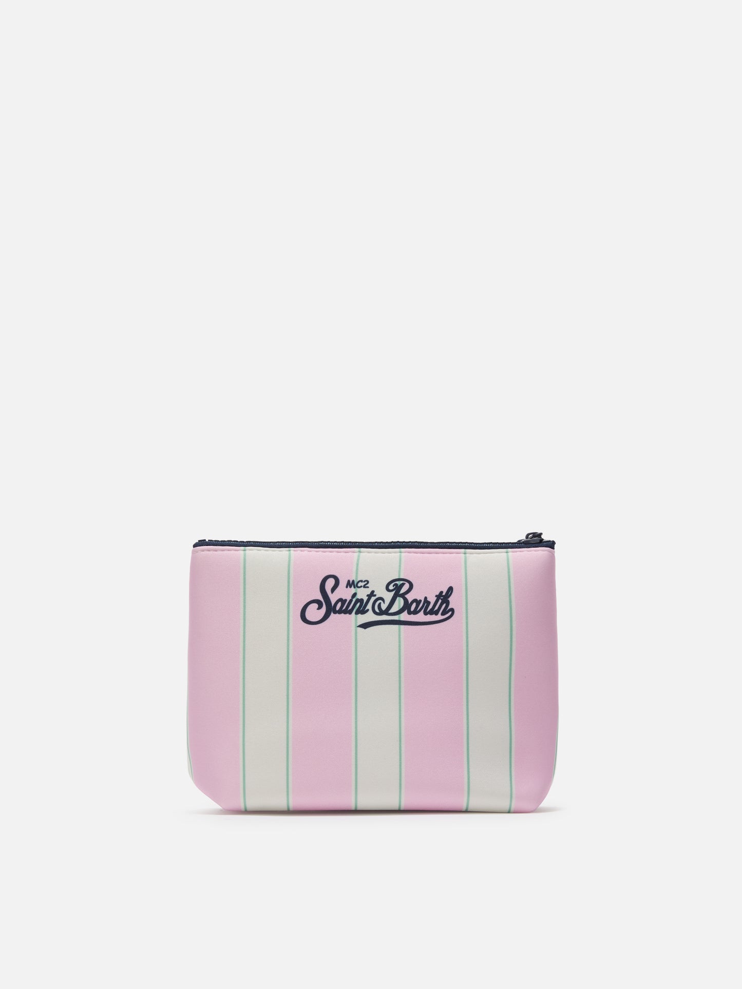 Aline Scuba-Pouch mit pink-grünem Streifenprint und Beach Club-Logo