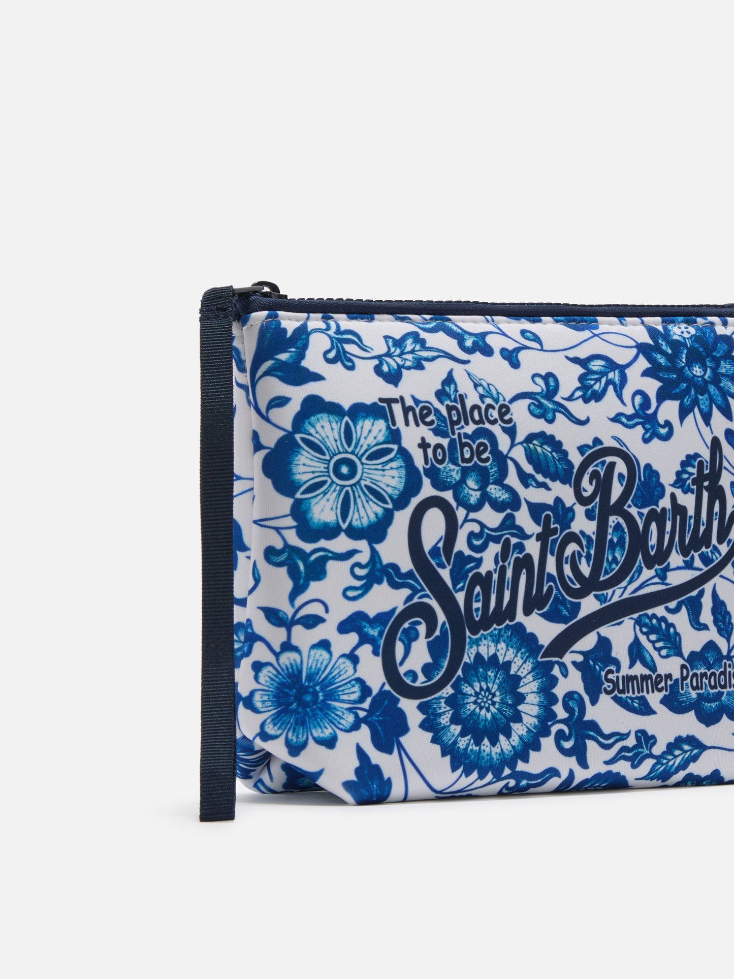 Pochette Aline en scuba avec imprimé majolique floral bleu
