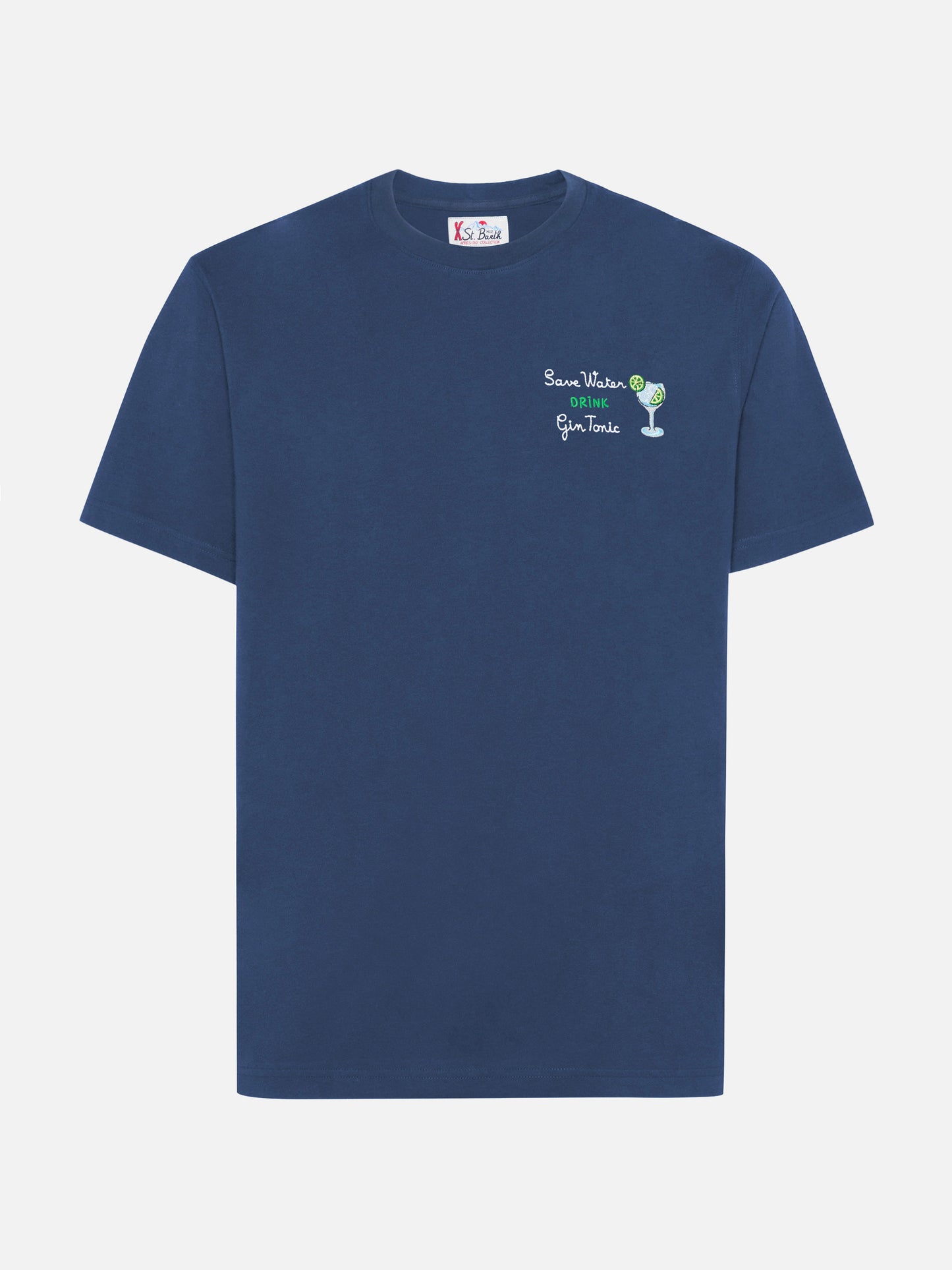 Arnott Baumwoll-T-Shirt in Blau mit Stickerei „Save water drink Gin Tonic“.