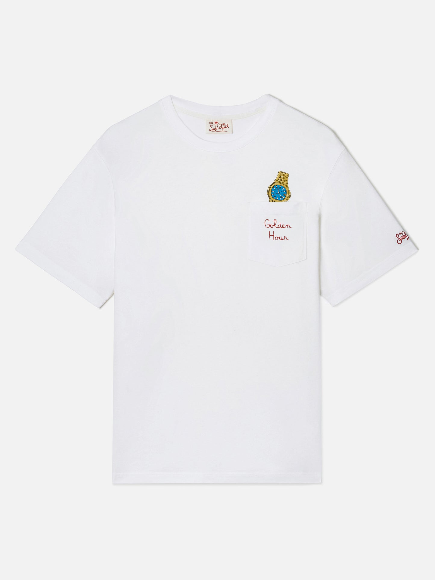 Camiseta Austin blanca con reloj y bordado Golden Hour