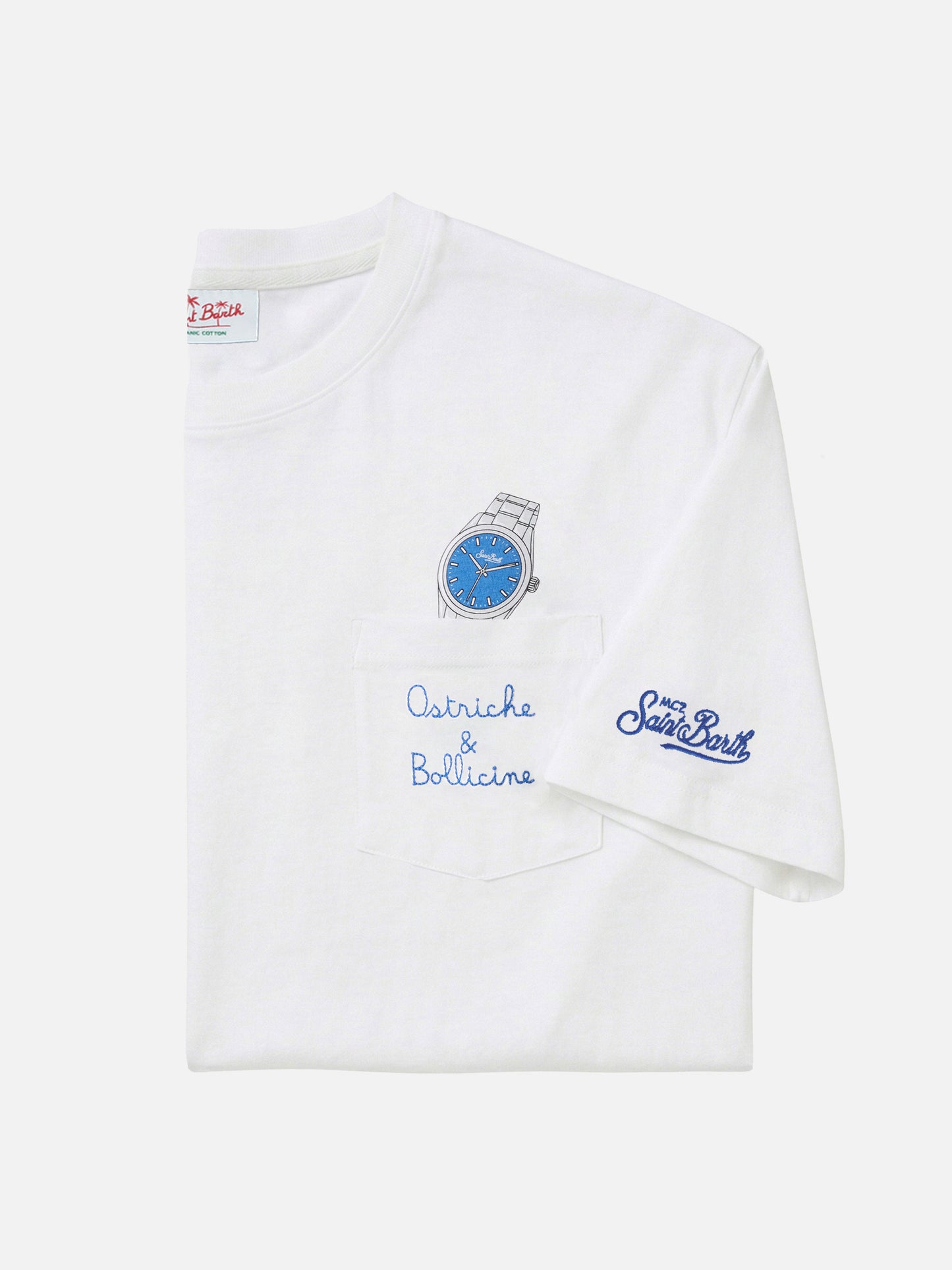 Camiseta Austin blanca con bordado de reloj y Ostriche e Bollicine