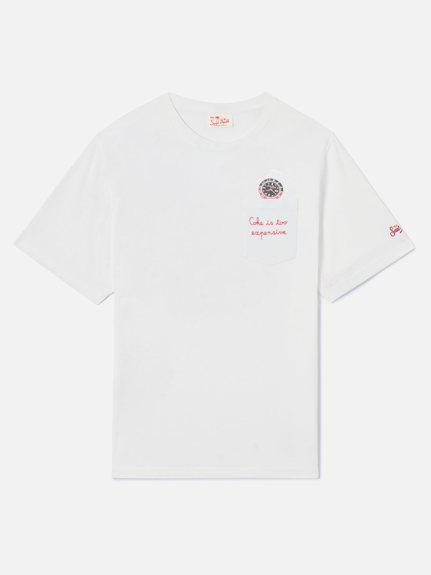 Camiseta Austin blanca con bordado watch y Coke Is Too Expensive