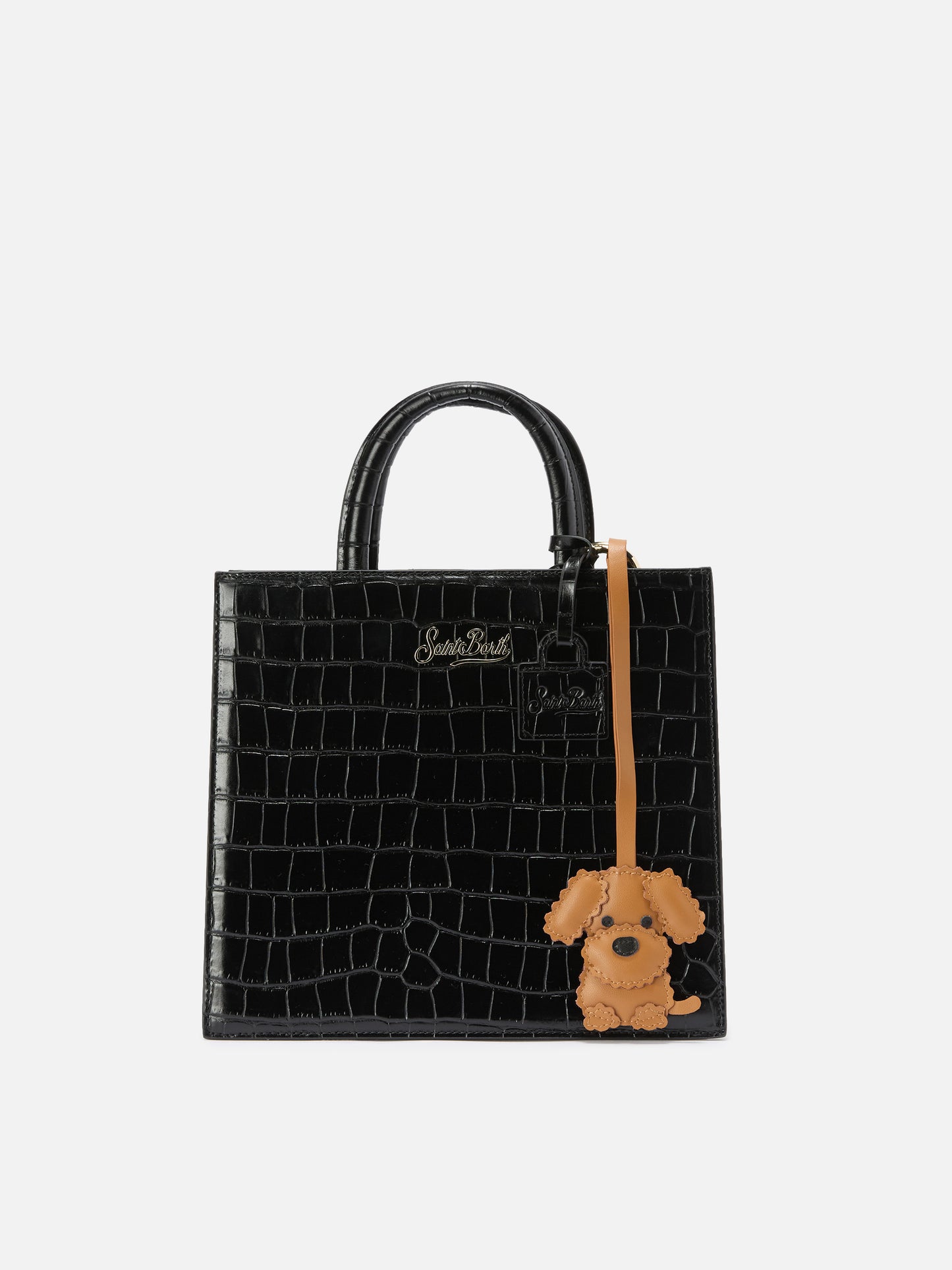 Dog-shaped smooth leather bag charm with logo tag