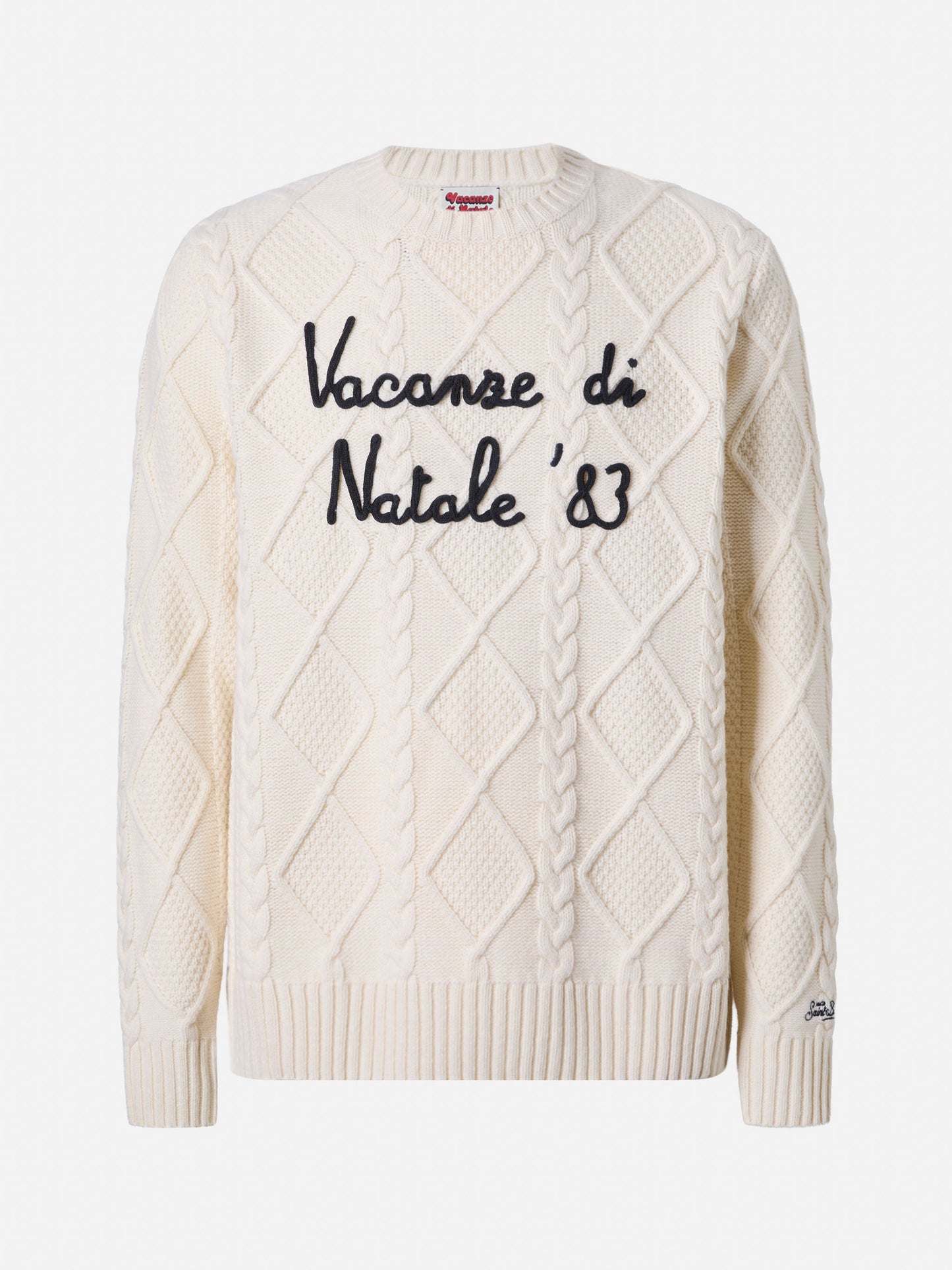 White crewneck sweater Bergen Tricot with Vacanze di Natale '83 embroidery