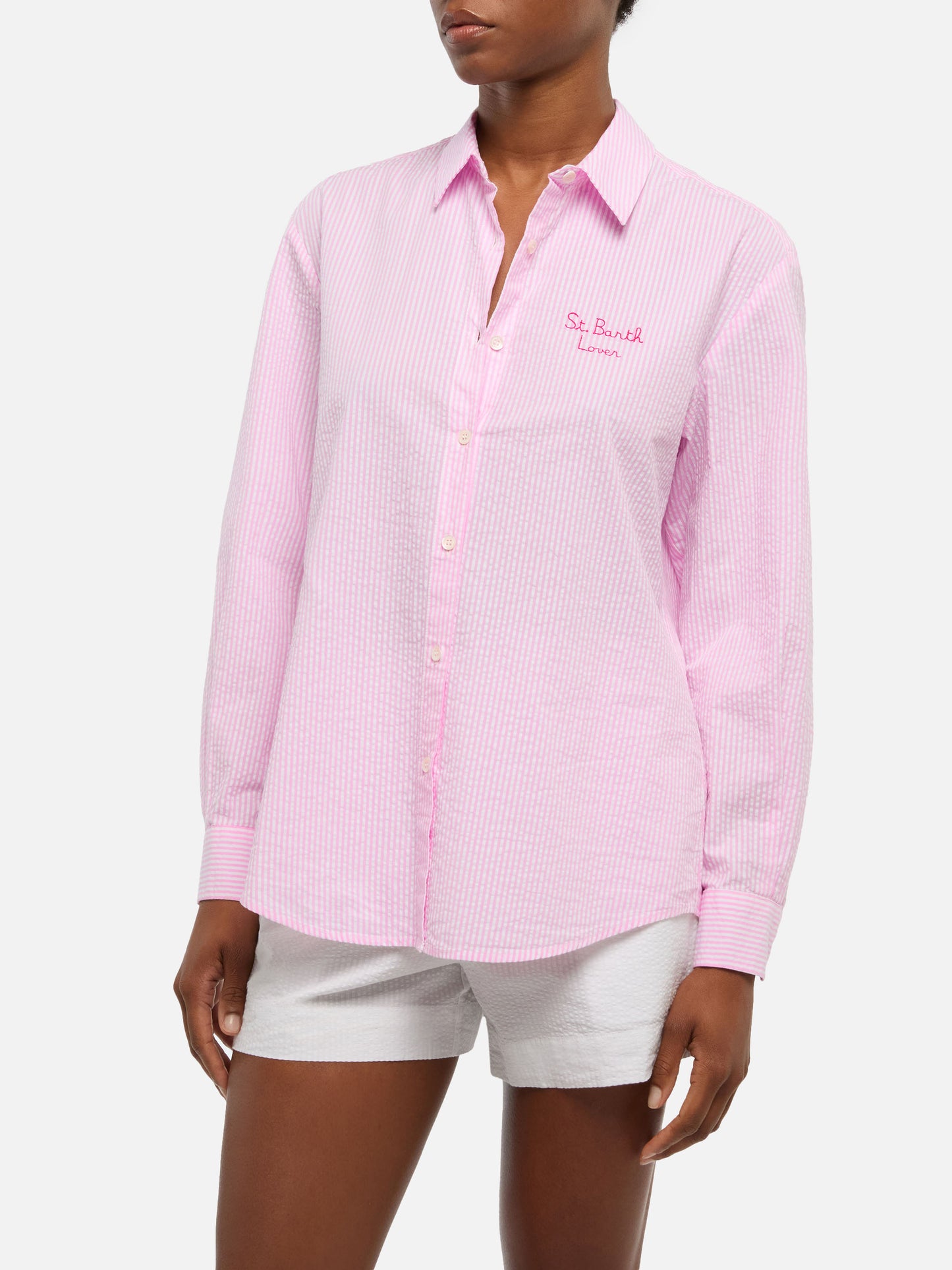 Brigitte striped seersucker shirt with Snoopy print