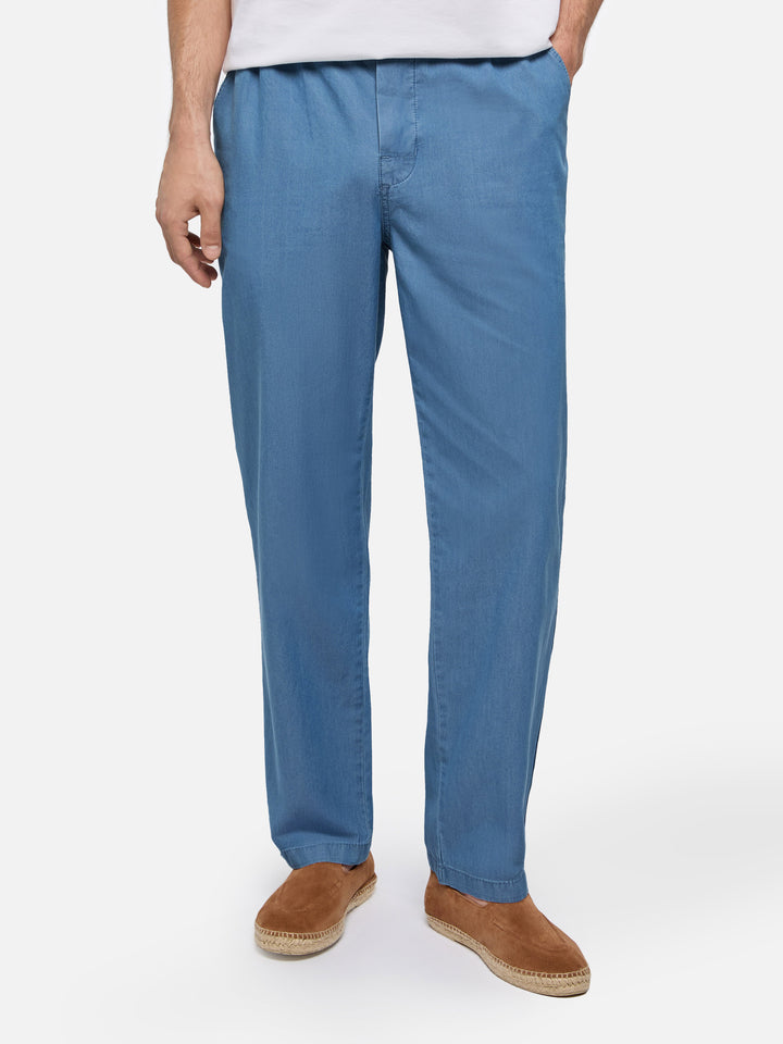Calais denim blue chambray pants with drawstring
