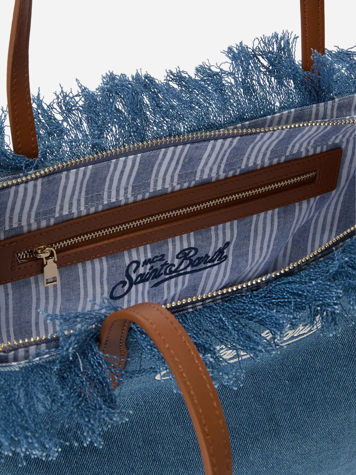 Borsa shopper City medium in tessuto denim con frange