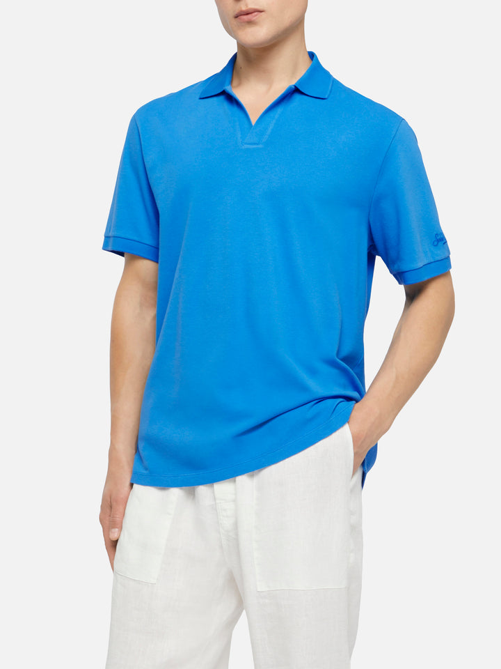 Polo Charles in piquet di cotone bluette senza bottoni