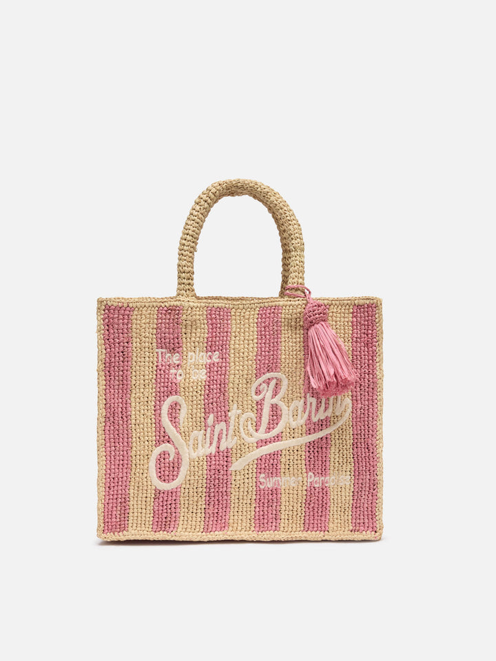 Borsa Colette in rafia a righe rosa con logo ricamato