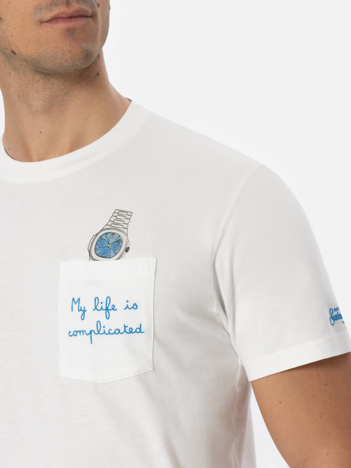 T-shirt bianca in cotone da uomo Connor con ricamo My Life is Complicated