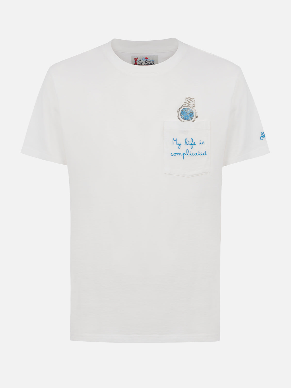 T-shirt bianca in cotone da uomo Connor con ricamo My Life is Complicated