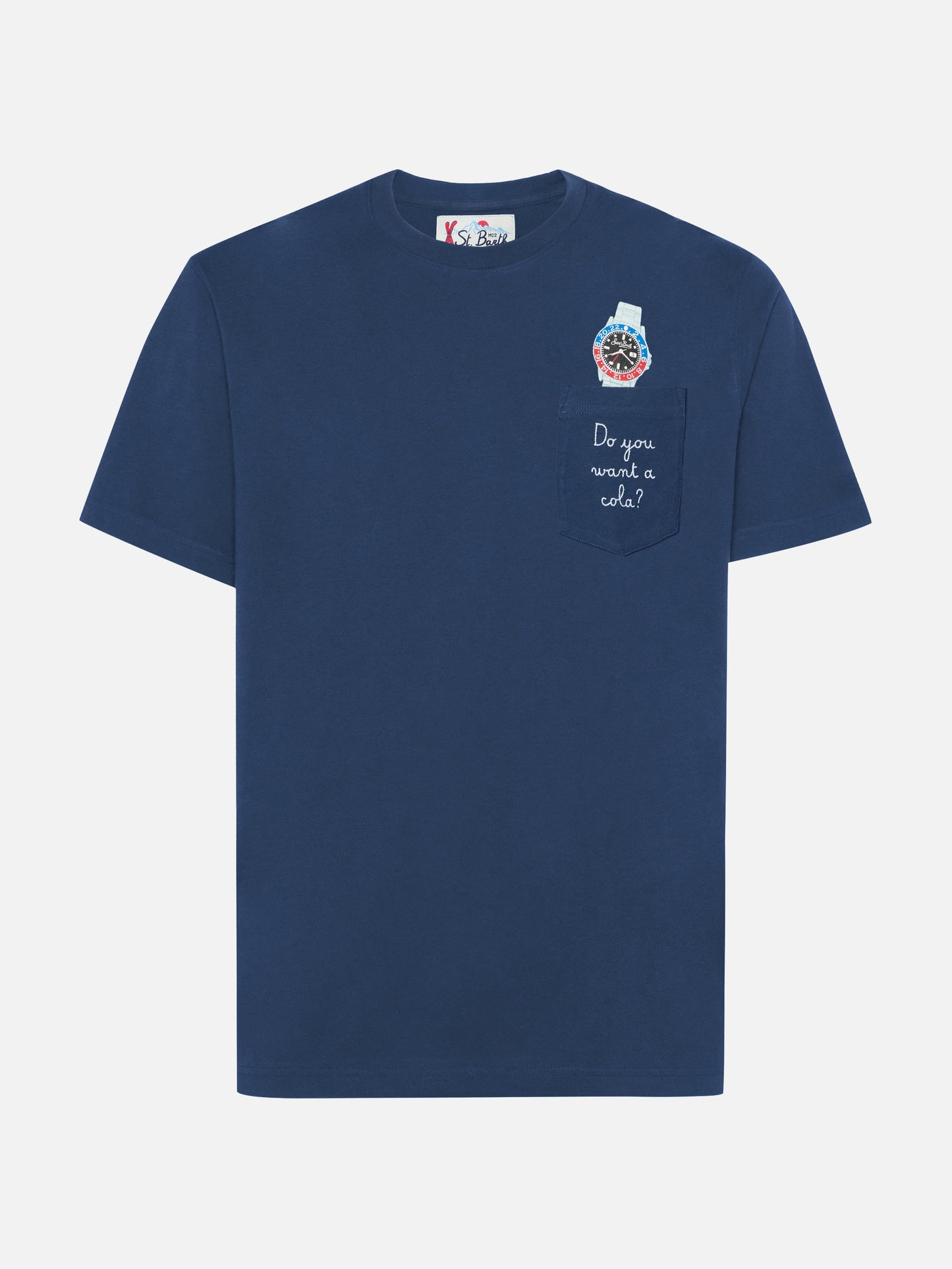 T-shirt Connor en coton bleu avec broderie de poche Do you want a cola?