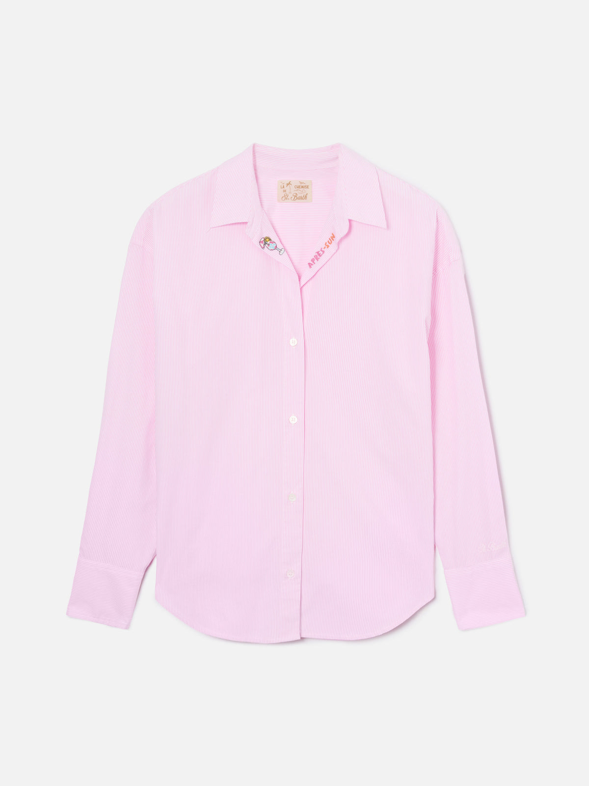 Chemise Cristal en popeline de coton rose à rayures avec broderie