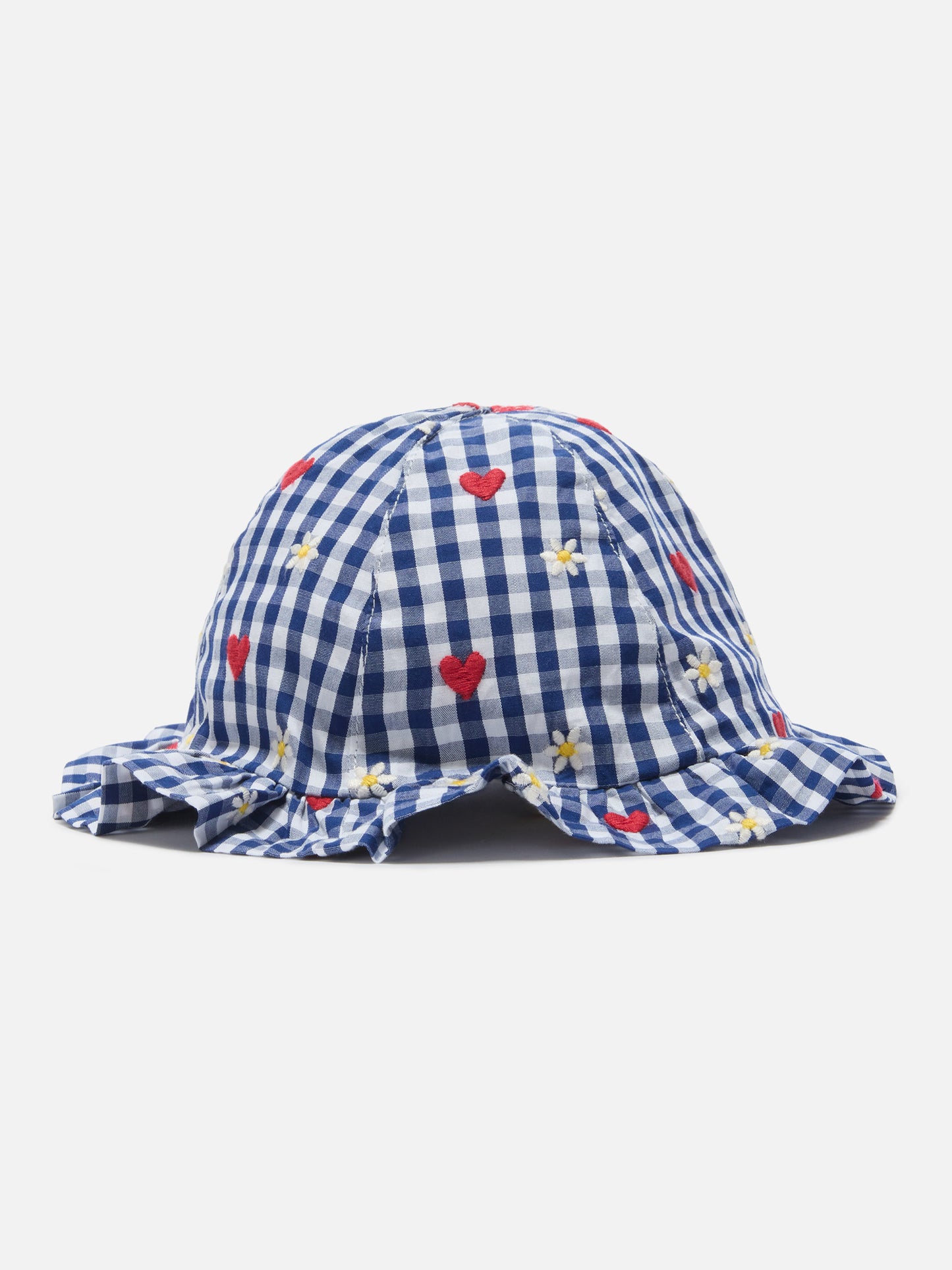 Navy Doremi sun hat with cotton vichy flower heart embroidery