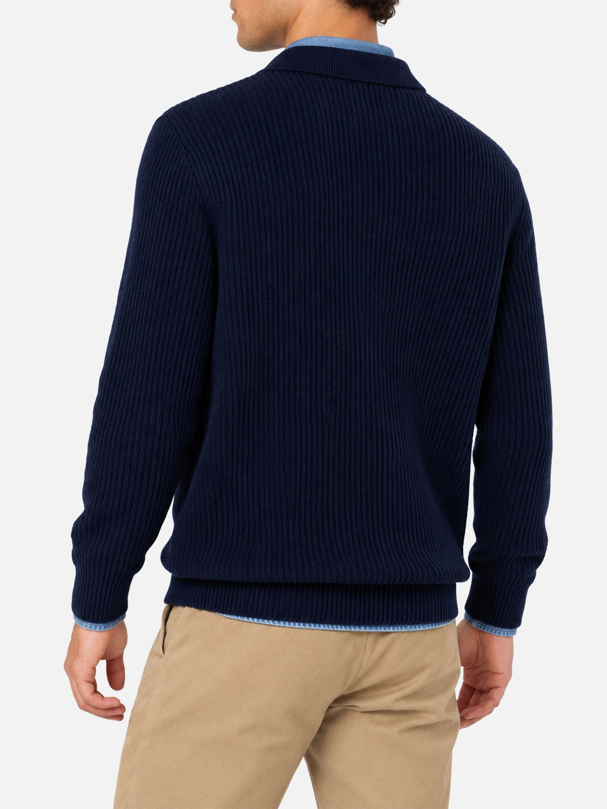Marineblauer gerippter Pullover Downing aus BLENDED CASHMERE mit geknöpftem Kragen