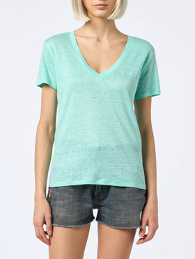 Woman linen jersey sage green V-neck t-shirt Eloise - MC2 Saint Barth