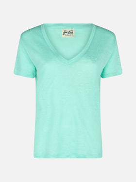 Woman linen jersey sage green V-neck t-shirt Eloise - MC2 Saint Barth