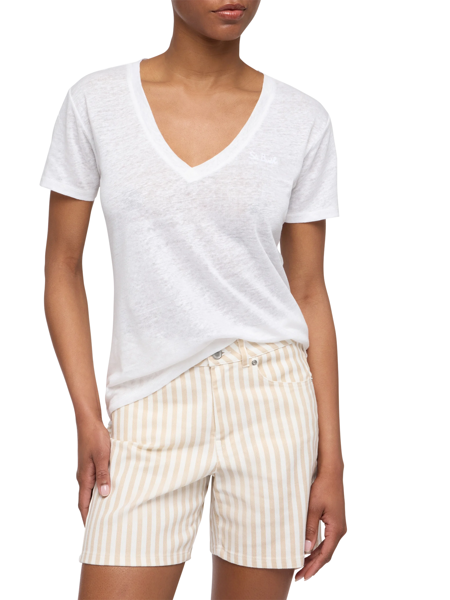 Linen jersey white V-neck t-shirt Eloise - MC2 Saint Barth