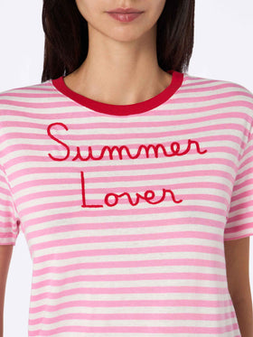 Woman striped cotton jersey crewneck t-shirt Emiilie with Summer Lover embroidery - MC2 Saint Barth