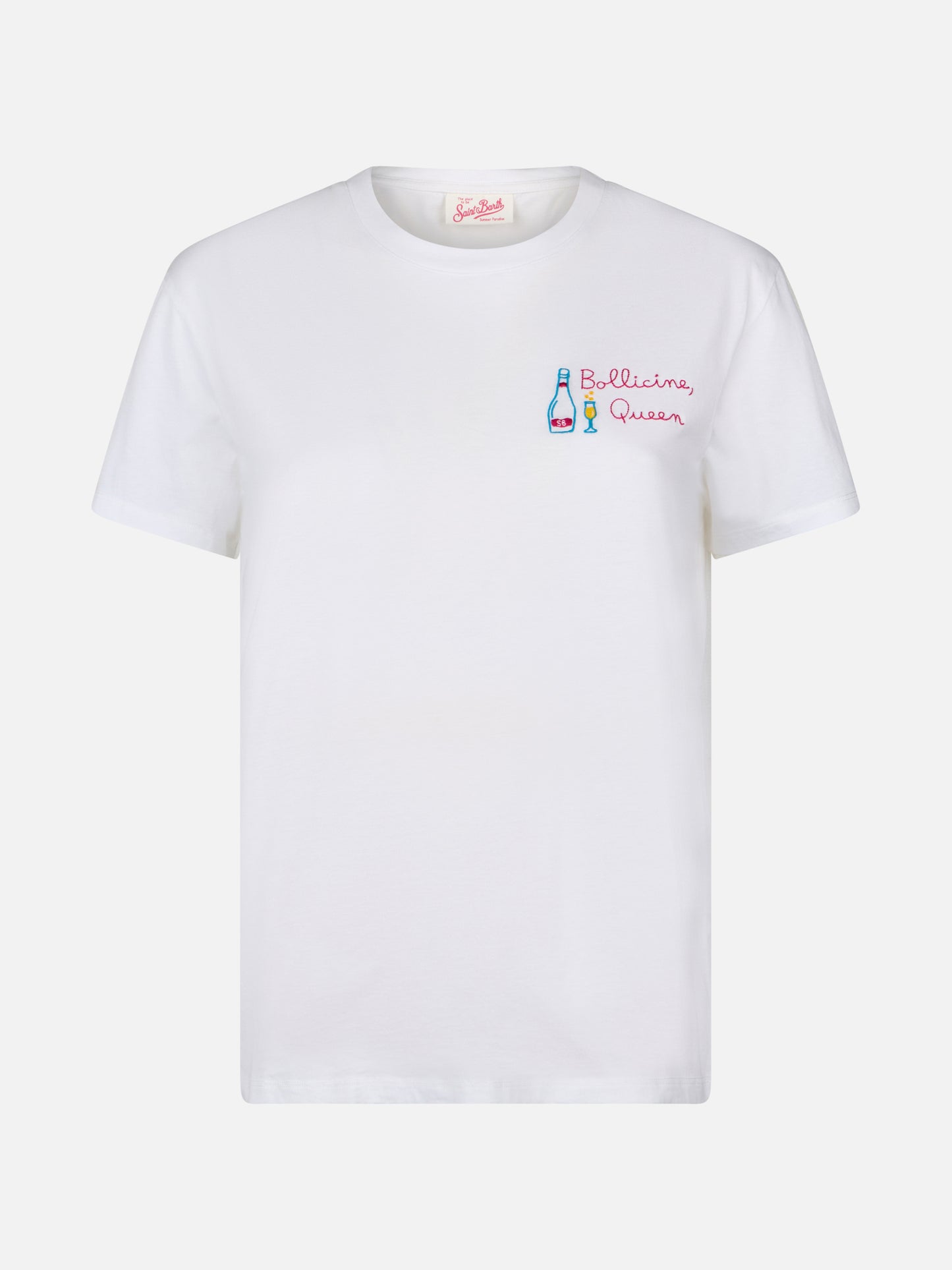 Woman white cotton jersey crewneck t-shirt Emilie with Bollicine Queen embroidery - MC2 Saint Barth