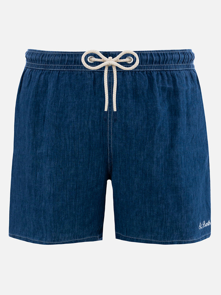 Mittellange Herren-Badeshorts aus Denim in Blau aus Leinen Gustavia