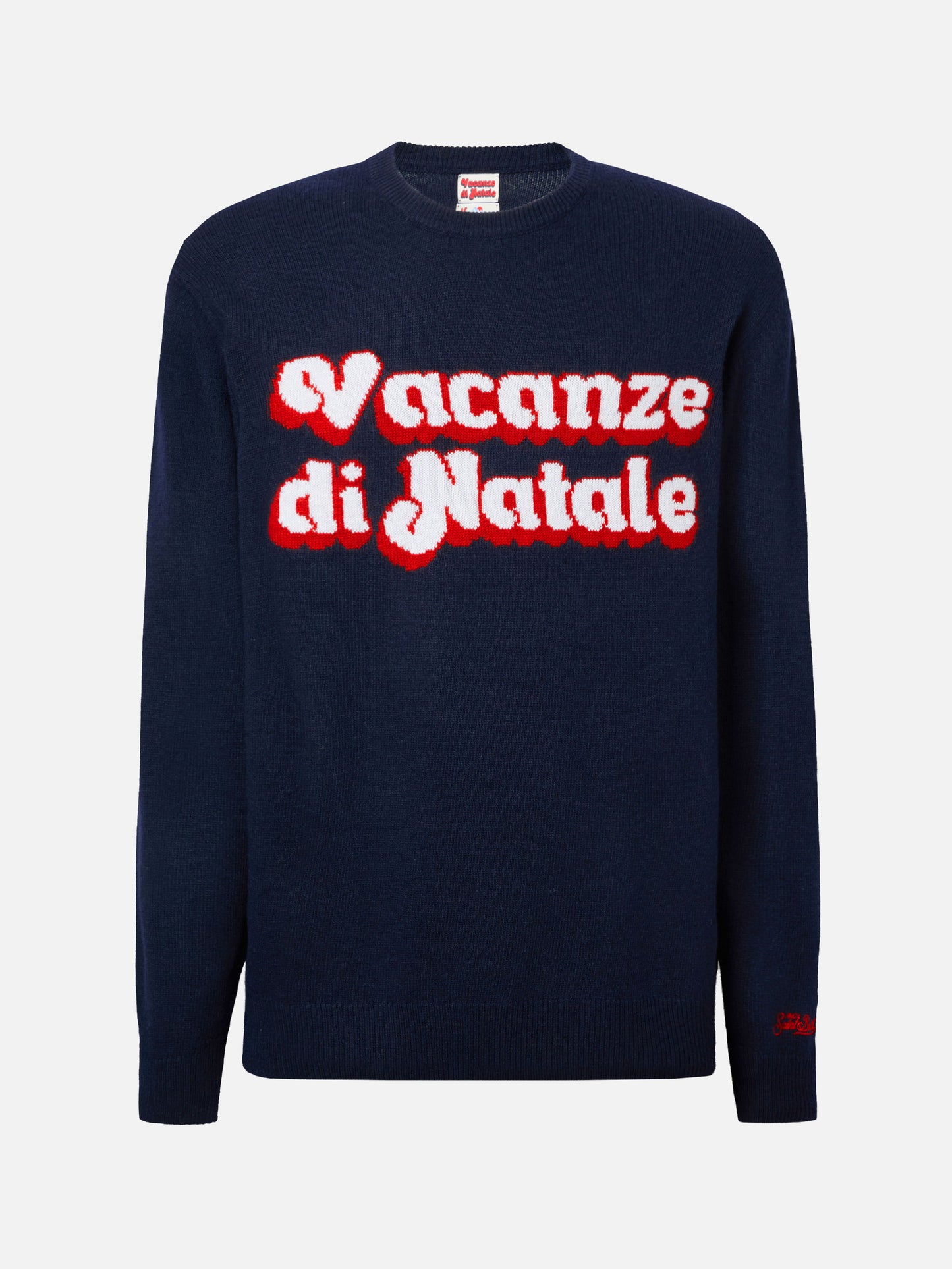 Blue crewneck Heron with Vacanze di Natale logo jacquard | VACANZE DI NATALE SPECIAL EDITION