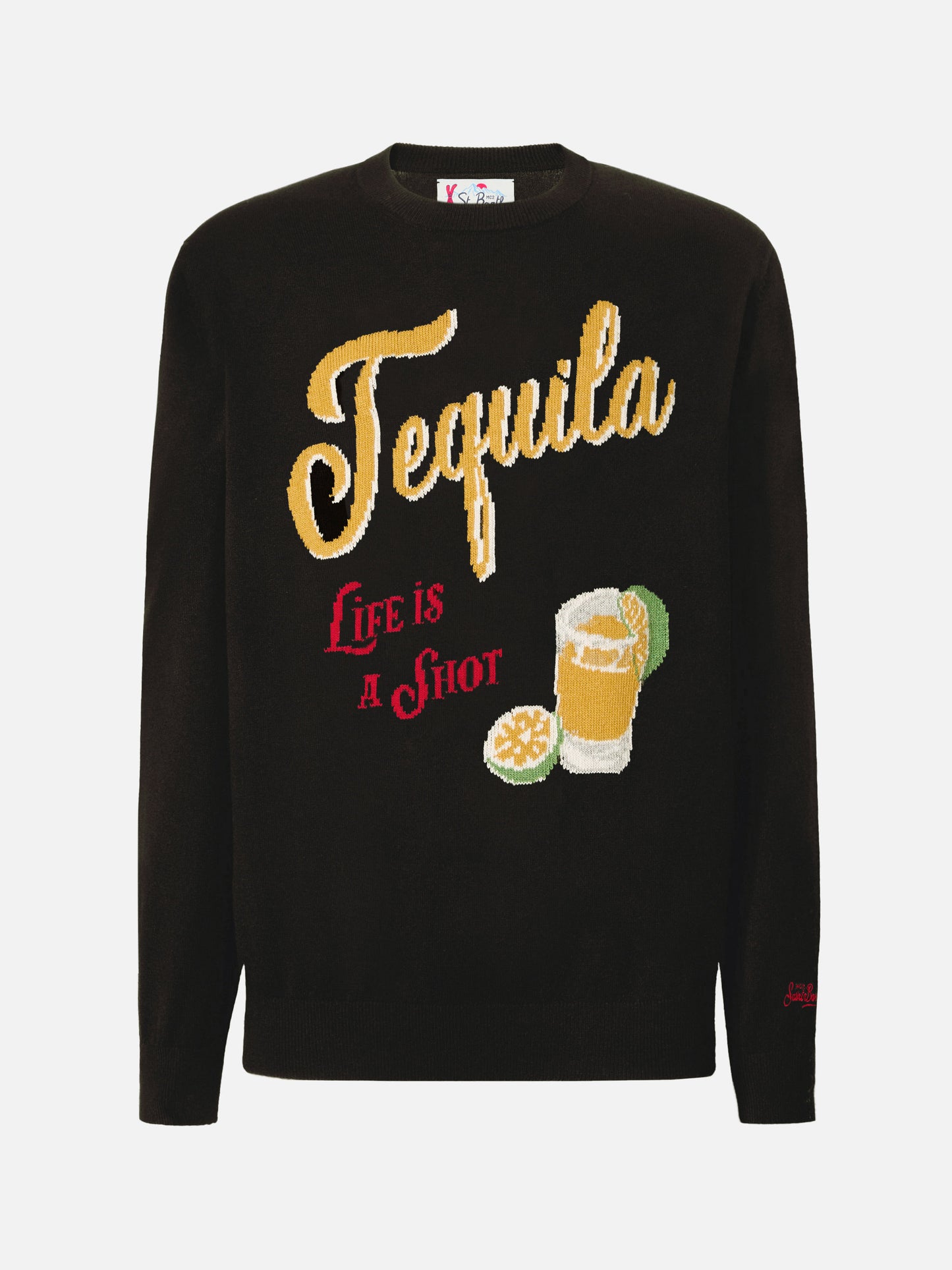 Schwarzer Heron-Pullover mit Rundhalsausschnitt und dem Jacquardmuster „Tequila life is a shot“