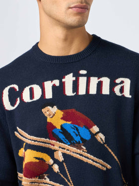 Man blue sweater Heron with Cortina ski postcard jacquard - MC2 Saint Barth