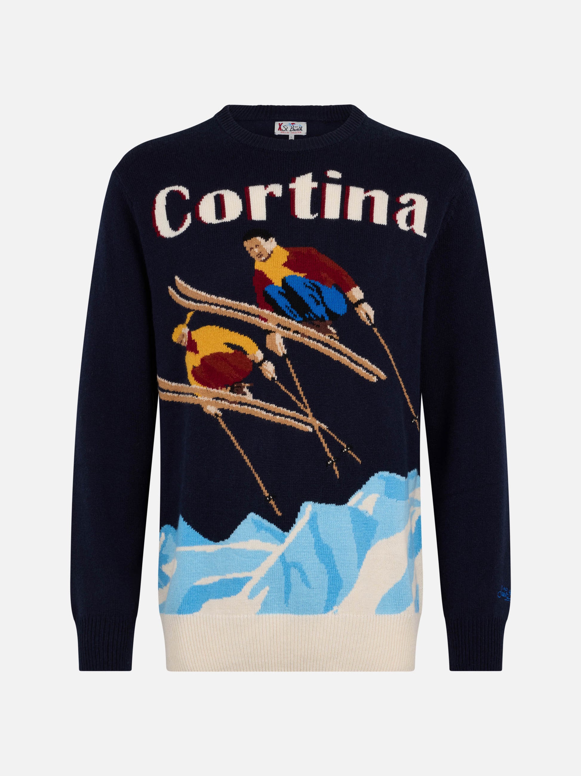 Man blue sweater Heron with Cortina ski postcard jacquard - MC2 Saint Barth