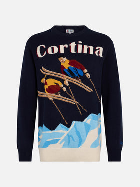 Man blue sweater Heron with Cortina ski postcard jacquard - MC2 Saint Barth
