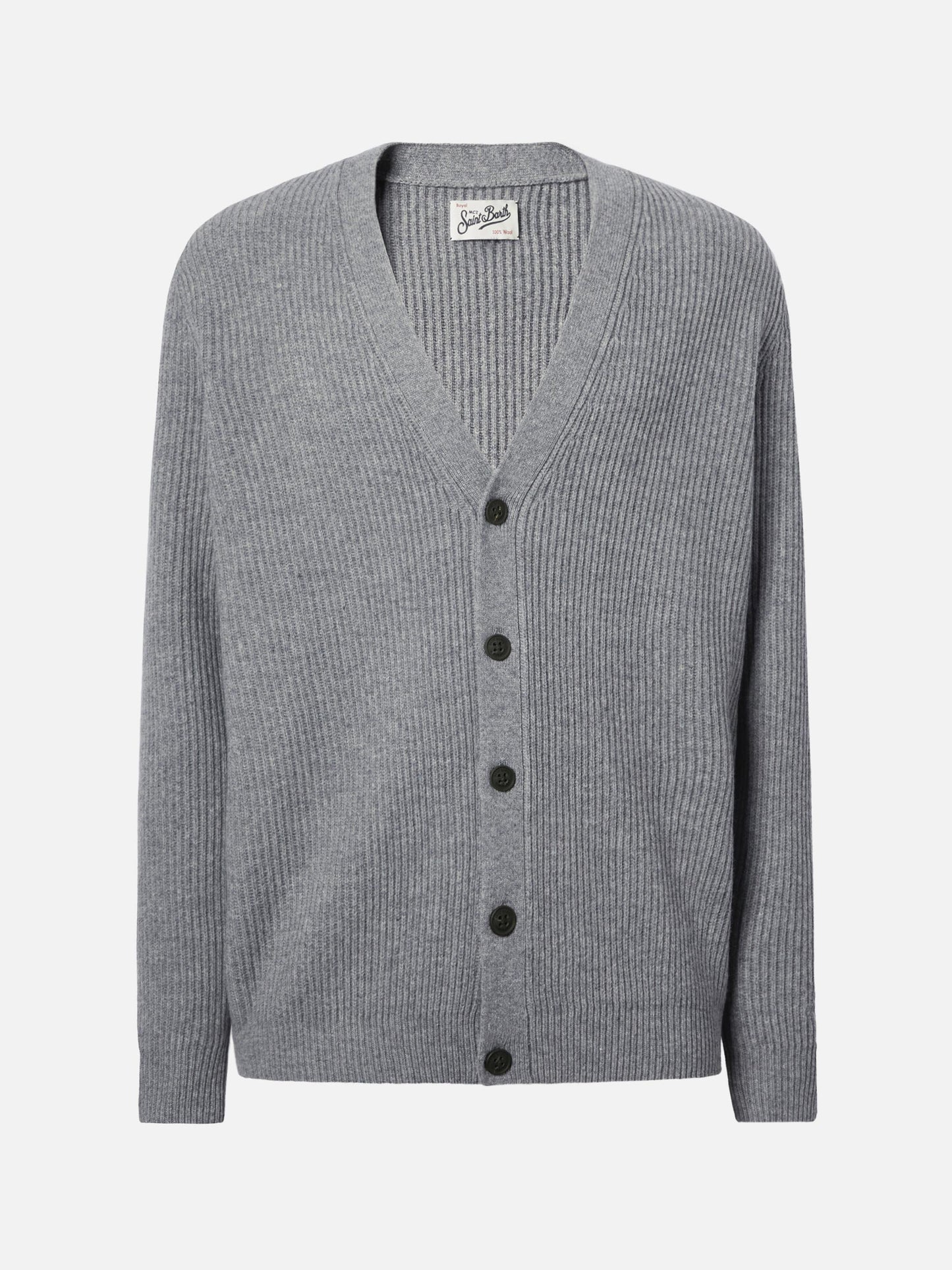 Herrison pure-wool cardigan in grey melange with English rib knit