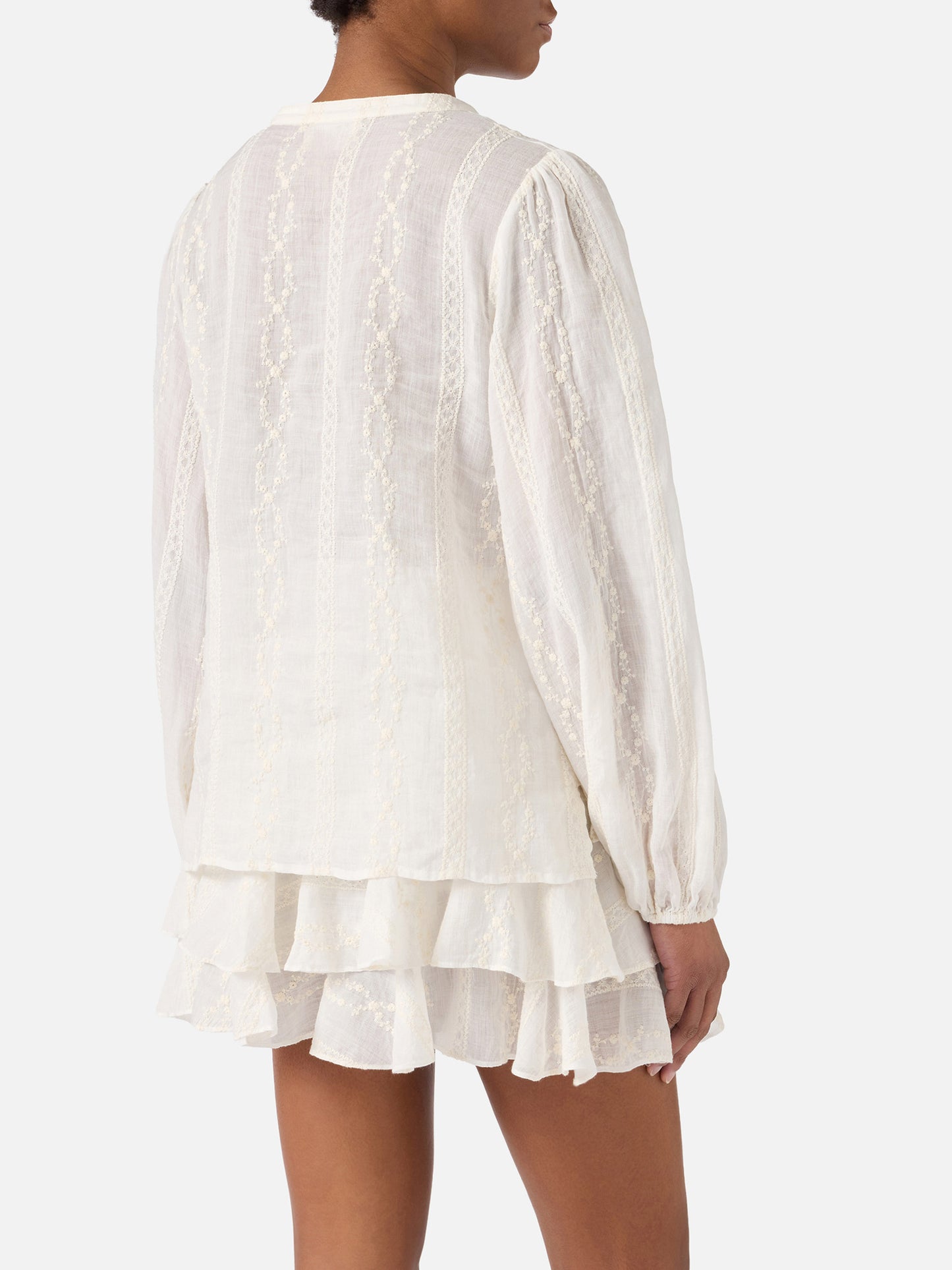 Beigefarbene Harper-Bluse aus Ramie mit gesticktem Motiv