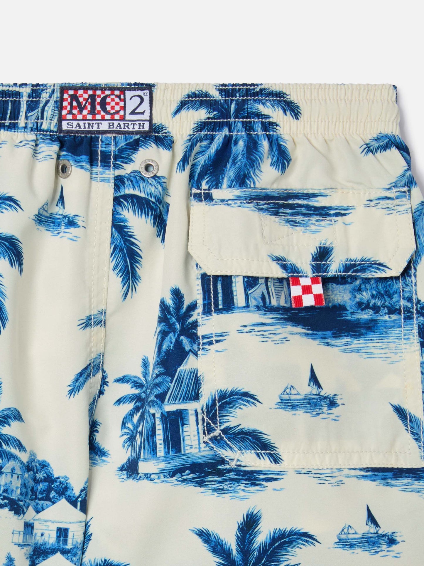 Jean swim shorts with Toile de Jouy blue print