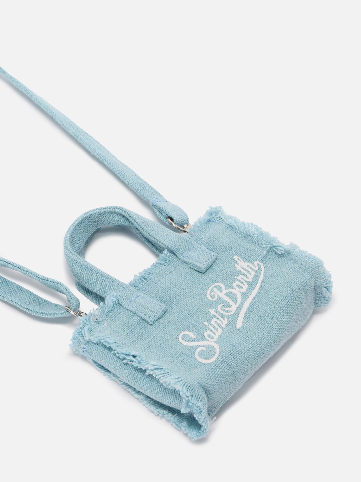 Llavero en forma de mini bolso de lino azul claro con logo estampado