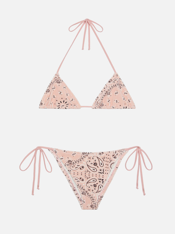 Bikini triangolo Leah Marielle con stampa bandana in tessuto crinkle color rosa