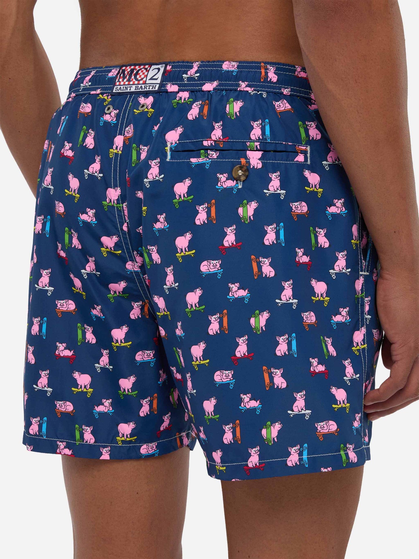 Man light fabric swim shorts with skater pigs print