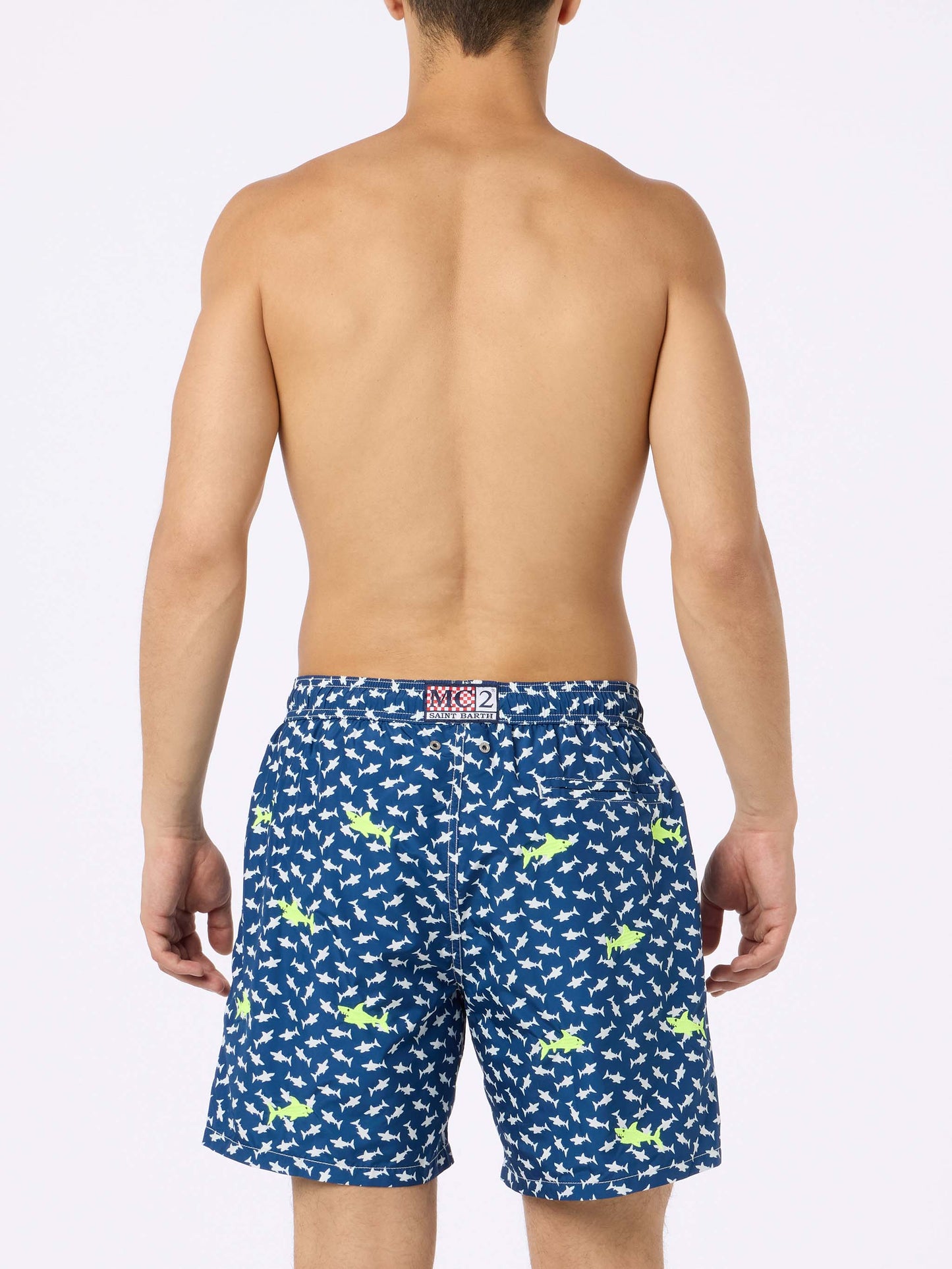 Man lightweight fabric swim-shorts Lighting with sharks embroidery - MC2 Saint Barth